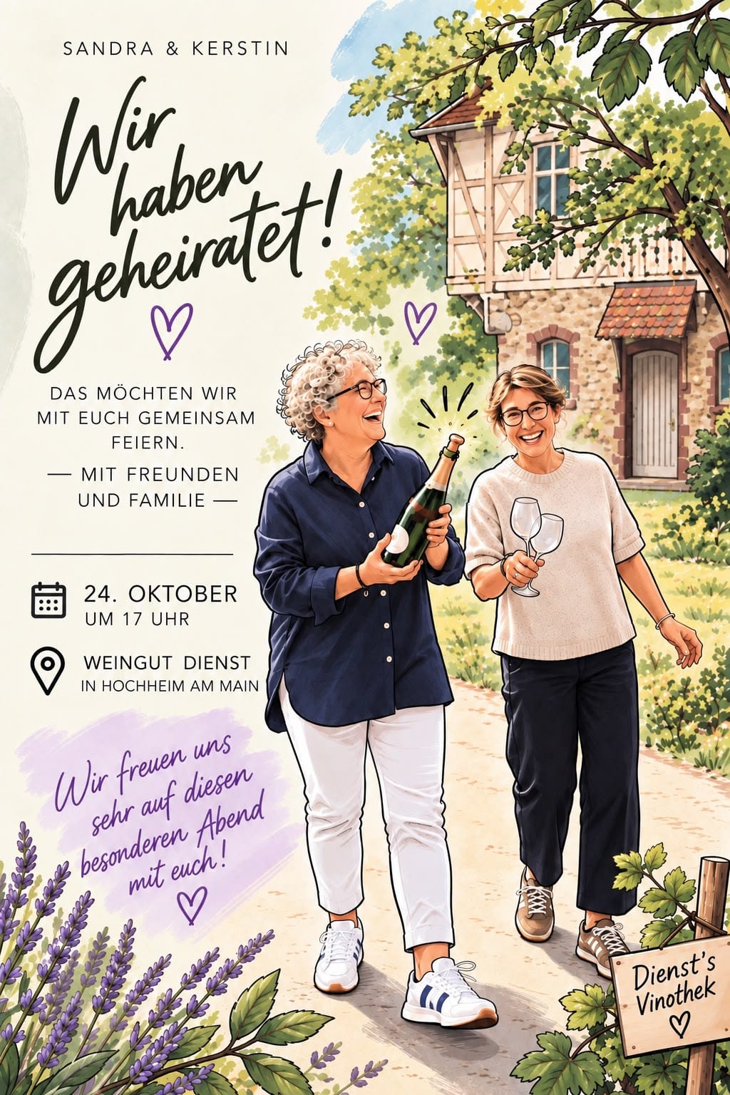 Einladungskarte: Sandra & Kerstin – Wir haben geheiratet! Das möchten wir mit euch gemeinsam feiern, mit Freunden und Familie. 24. Oktober um 17 Uhr, Weingut Dienst in Hochheim am Main.