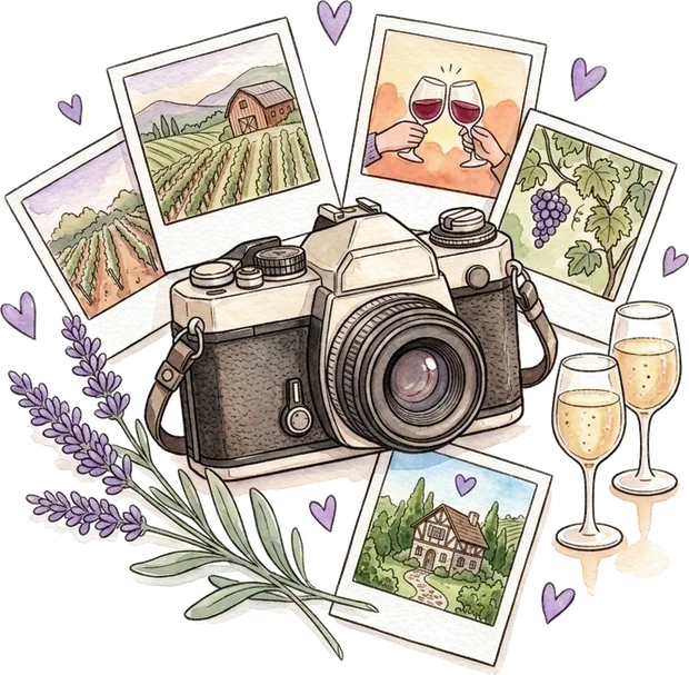 Aquarell: Kamera, Polaroids aus dem Weinberg, Lavendel und zwei Sektgläser